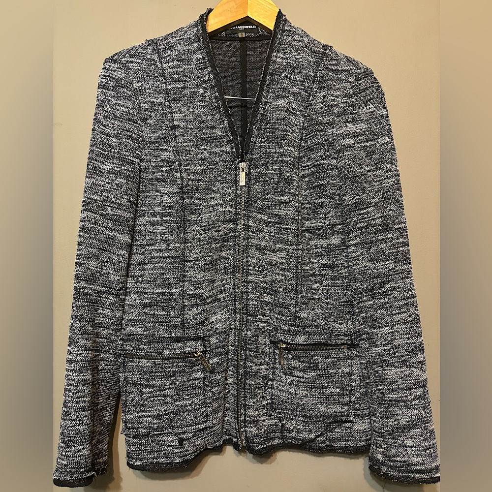 KARL LAGERFELD Paris Tweed Full-Zip Blazer Jacket, Raw Hem, Cardigan Vibes